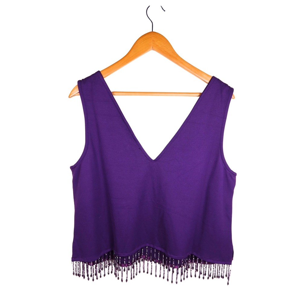 W5 Purple Beaded Fringe Crop Tank Top V-Neck Sleeveless Blouse Womens Size XL